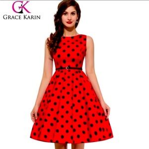 GRACE KARIN Red Polka Dot A-Line Sleeveless Dress